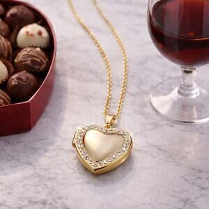 Gold Tone Necklace Heart Locket CZ Halo Valentine's Day Birthday Vtg gift